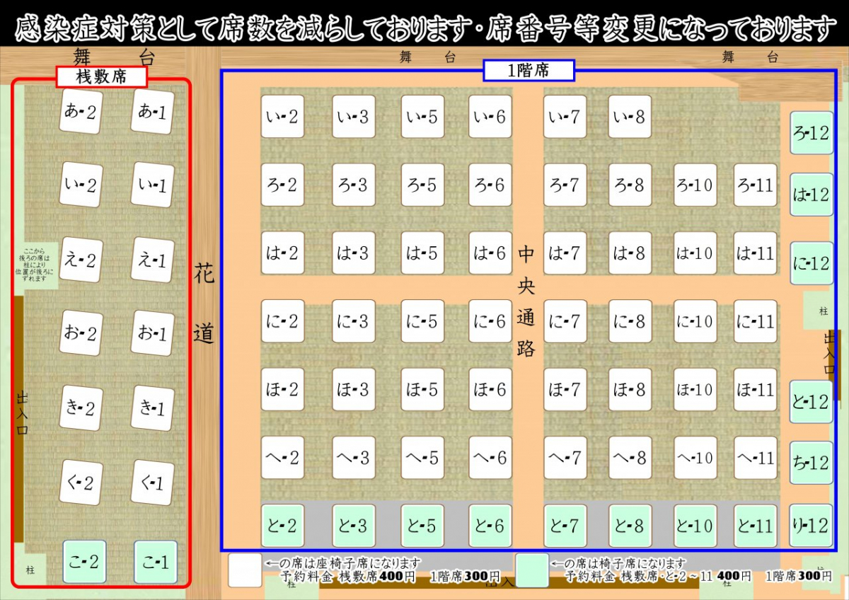 篠原演芸場 座席表（感染症対策で席数を減らしております）