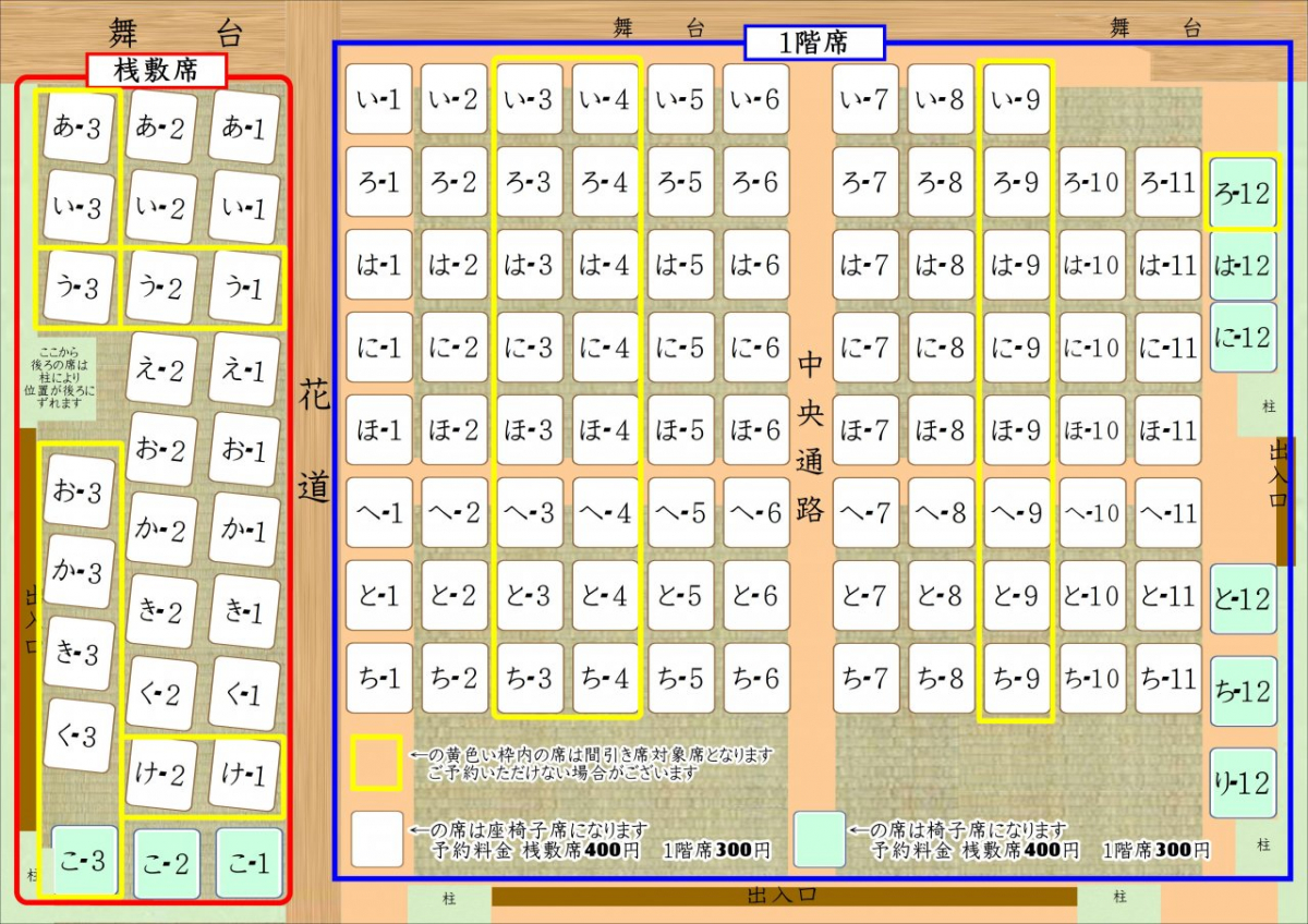 篠原演芸場 座席表（感染症対策で席数を減らしております）